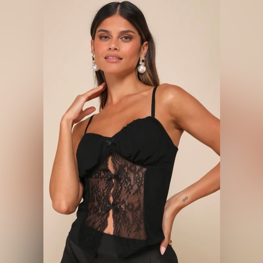 Lulus Sultry Pick Mesh Sheer Lace Bow Cami Top